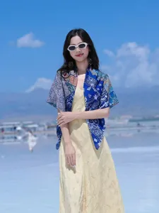 French vintage printed large square scarf lightweight breathable sun protection shawl and wrap.