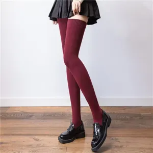 Cozy knit over-the-knee high socks in dark red, perfect for autumn and winter daily wear.