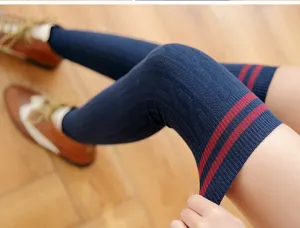 Women cable knit over the knee high socks with double stripes Japanese JK school style.