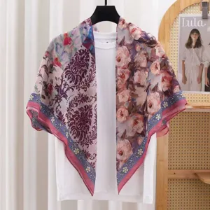 French vintage floral print large square scarf, lightweight breathable sunscreen shawl wrap.
