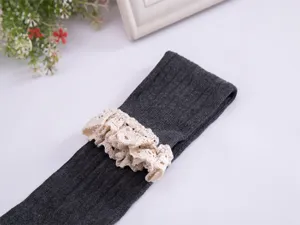 Women over knee long socks dark grey cable knit with beige lace ruffle cute student hosiery