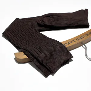 Brown cable knit over-the-knee socks detail view, soft cotton texture, cozy winter accessory.