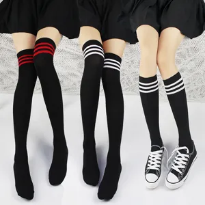 Japanese JK style three-stripe cotton knee-high socks, classic black athletic stockings.