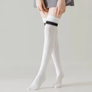 Professional over-the-knee compression socks in white with black stripes for sports and casual wear