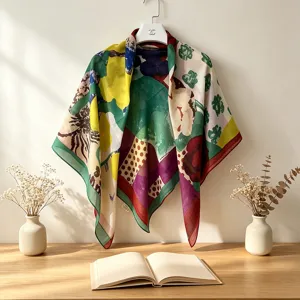 Women Silk Cotton Square Scarf Vintage Floral Print Scarf Elegant Commuter Sun Protection Head Scarf Fashion Shawl