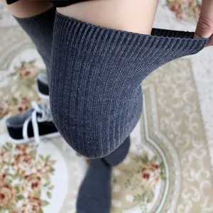 Women dark grey knit over the knee socks long vertical striped slouch boot stockings winter