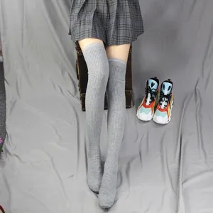 Grey over-the-knee ribbed knit stockings for women, comfortable long fashion winter socks.