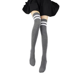Grey Japanese JK over-the-knee socks with dual white stripes, soft cotton thigh-high socks.