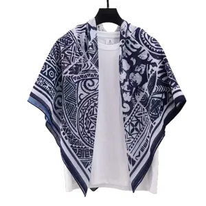 Vintage blue white printed large square scarf lightweight breathable fashion shawl neckerchief