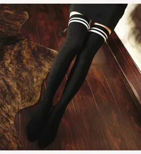 Black cable knit over-the-knee socks with double stripes, perfect for JK style and daily wear.