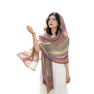 Lightweight striped tie-dye crinkled rayon scarf, breathable sun protection shawl.