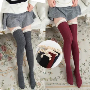 Women knit over-the-knee long socks with cute lace trim, Japanese sweet college style daily wear.