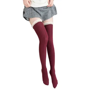 Burgundy over-the-knee knit socks with white lace trim, cute student style hosiery.