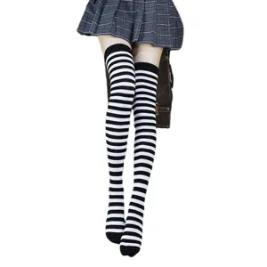 Black white striped over knee socks, long thigh high stockings for women girls daily wear.