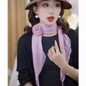Delicate chiffon scarf detail featuring a 3D rose flower design for women elegant spring style.