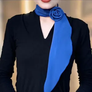 Detailed view of the elegant blue rose flower scarf choker, soft chiffon fabric.