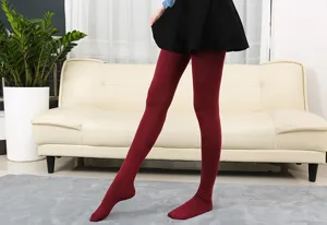 Burgundy over-the-knee long socks detail shot, soft fabric, home setting presentation.