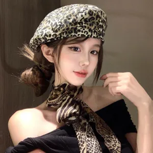 Women fashion leopard print beret hat and matching chic soft chiffon scarf set for stylish look