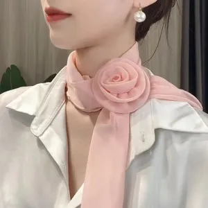 Women's pink chiffon rose flower choker necklace scarf, lightweight soft fabric elegant accessory.