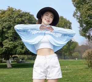 Women ice silk sun protection cape outdoor detail shot, breathable long sleeve clothing.