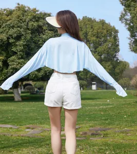 Lightweight blue sun protection clothing with long sleeves for women, breathable outdoor cape.