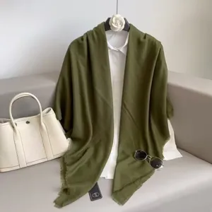 Olive green solid color square scarf cotton linen feel versatile shawl for women air conditioning room