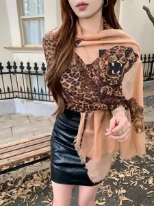 Women cotton linen leopard print scarf long shawl fashion spring autumn warm neck wrap