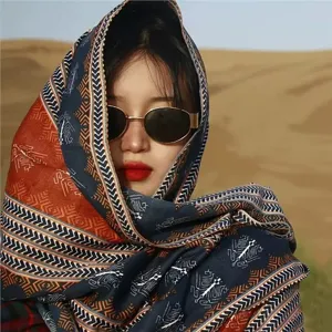Ethnic style beach shawl long scarf, geometric printed sun protection wrap for women summer.