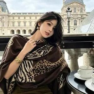 Women leopard print scarf long shawl vintage brown autumn spring warm fashion neck wrap