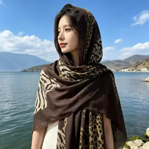 Women's cotton linen scarf stylish leopard print long shawl autumn winter warm neck wrap