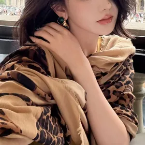 Leopard print cotton linen scarf for women, stylish long shawl, soft warm spring and autumn.