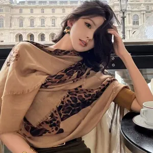 Women cotton linen leopard print long scarf stylish fringe autumn warm shawl neckwear new