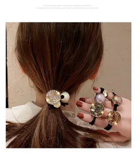 Pearl rhinestone metal smiley hair tie Korean fashion ponytail holder hair accessory cute
