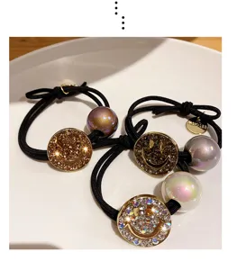 Pearl Rhinestone Metal Smiley Face Hair Tie Elastic Scrunchy Fashion Ponytail Holder