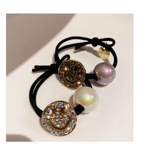 Korean style rhinestone metal smiley face hair tie with pearl beads, elegant ponytail holder.