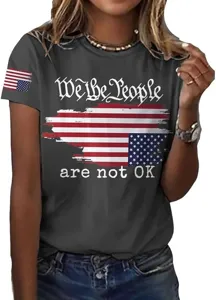 Women short sleeve T-shirt round neck casual top with 3D graphic letter print detail view.