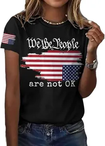 Women casual short sleeve crewneck t-shirt with patriotic American flag letter print graphic.