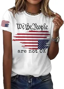 Women short sleeve round neck t-shirt with US flag letter print casual summer top apparel
