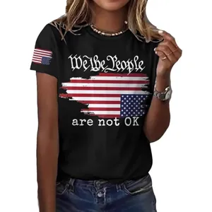Womens short sleeve black t-shirt with patriotic graphic print letter design casual top.