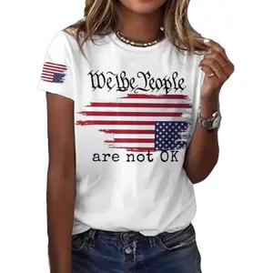 Women's white short sleeve t-shirt with American flag graphic and letter print casual top