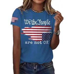 Women casual round neck short sleeve T-shirt with US flag print and letter graphic top.
