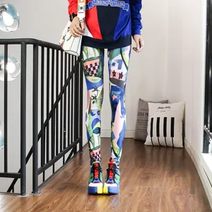 Colorful graffiti print women leggings, stretch slim fit casual trousers for daily wear.