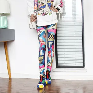 Colorful abstract graffiti printed leggings detail view, showing vibrant pattern design.