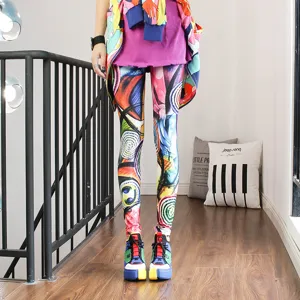 Detailed view of colorful abstract graffiti print leggings showcasing vibrant artistic patterns and slim fit.