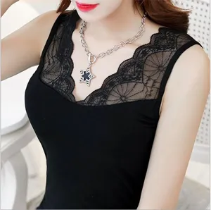 Detailed shot of women's black modal lace V-neck camisole vest, featuring elegant lace trim.