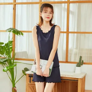 Summer casual ribbed milk silk tank top and shorts set for women with lettuce edge design.