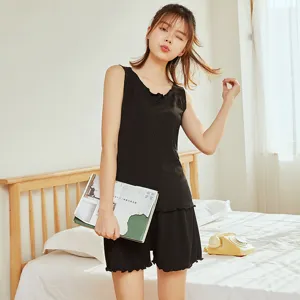 Women summer casual sleepwear set black sleeveless ribbed top and shorts comfy loungewear