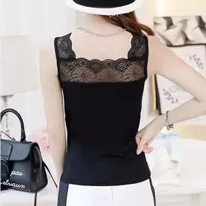 Women black lace modal camisole tank top, slim basic sleeveless shirt, back view display.