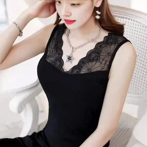 Women black lace trim modal camisole slim fit V-neck strap tank top sexy basic summer clothing