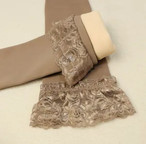 Fleece lined over the knee leg warmer detail showing thick plush interior and lace trim.